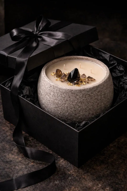 Gift-ready paraffin-free crystal candle in a matte black luxury presentation box