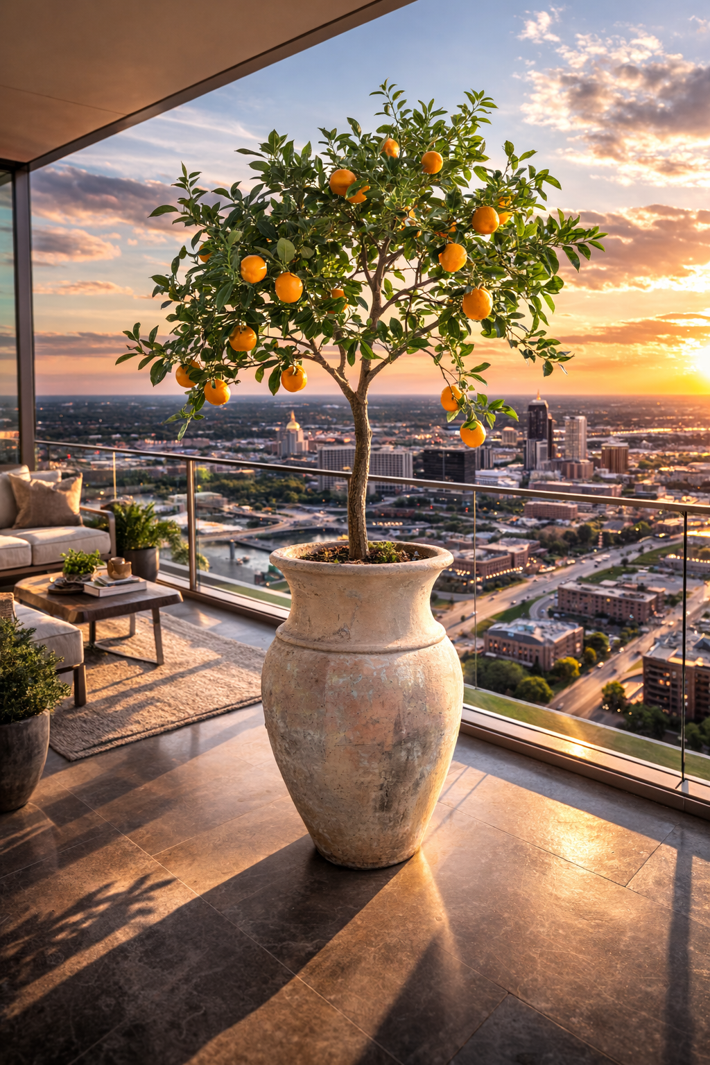 Potted cardamon tree on a luxury residential balcony with a cityscape view during sunset.
