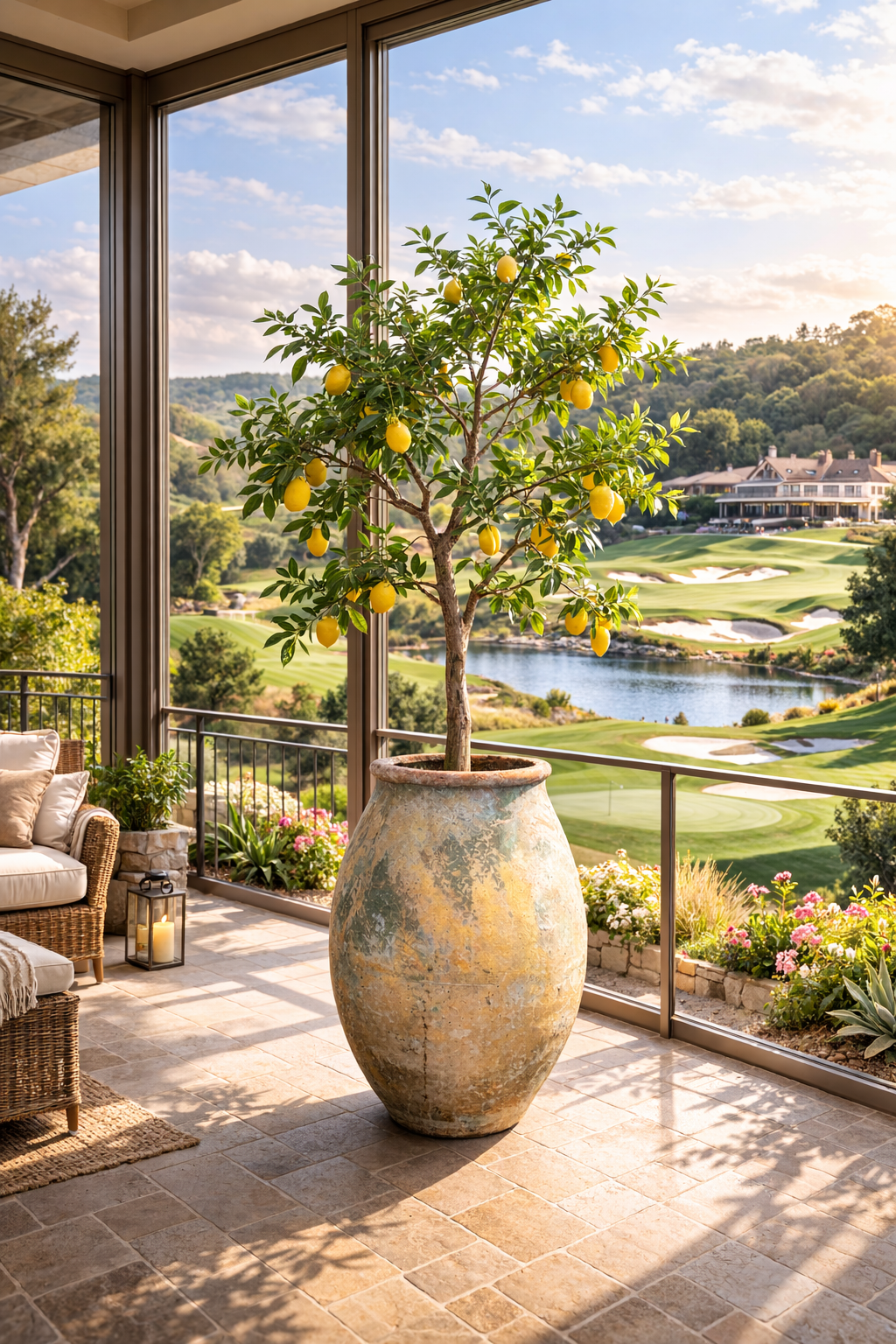 Large citrus tree planted in an oversized handmade terracotta planter overlooking a golf course.