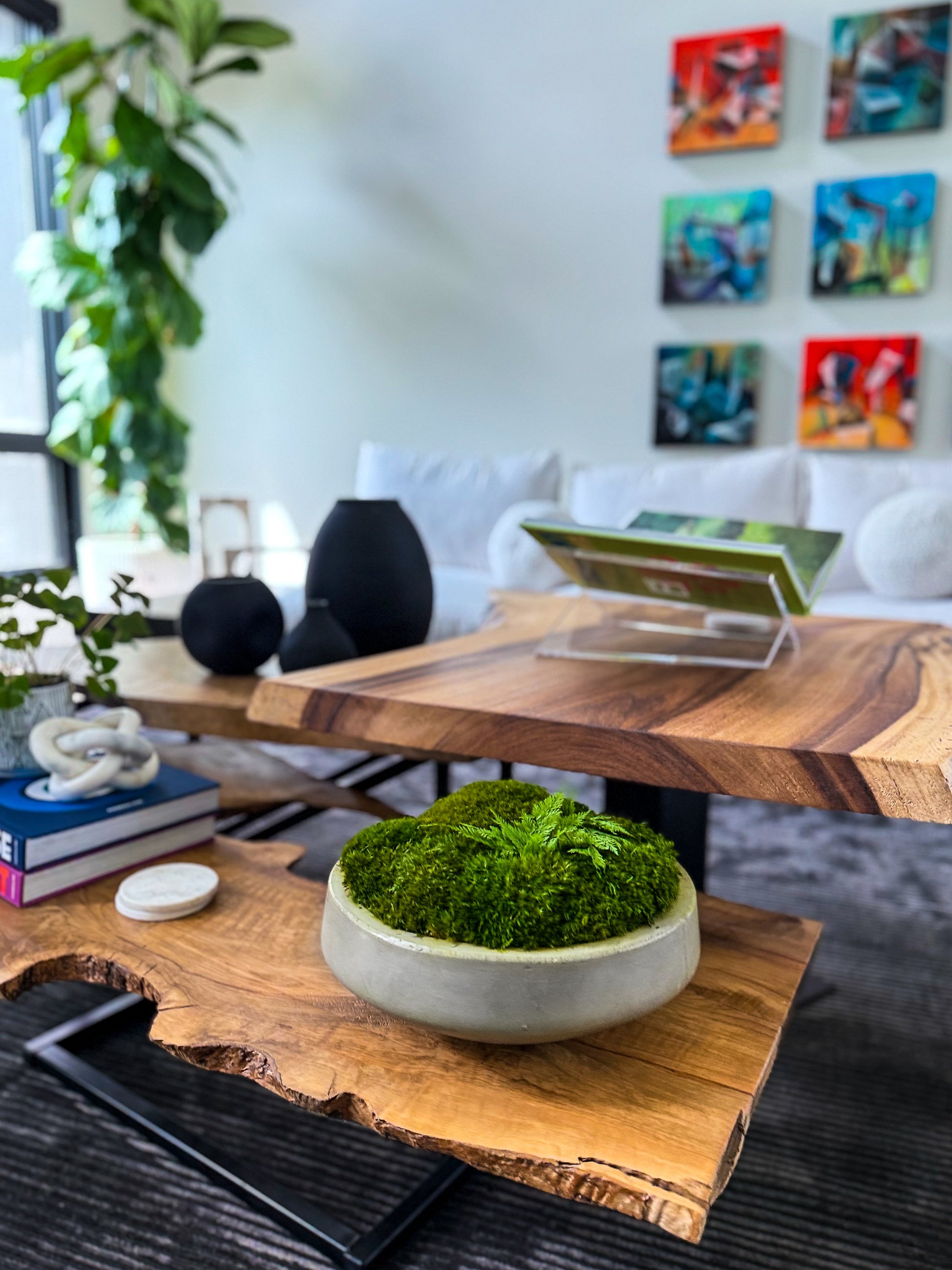 Contemporary living space showcasing a tiered live-edge coffee table topped with preserved moss, ceramic vases, and design books, surrounded by plush seating and bold abstract art, ideal for indoor plant decor inspiration. Luxury plant styling for modern interiors.