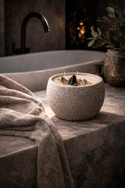 Noir + Oudh luxury candle styled beside a soaking tub in a high-end bathroom
