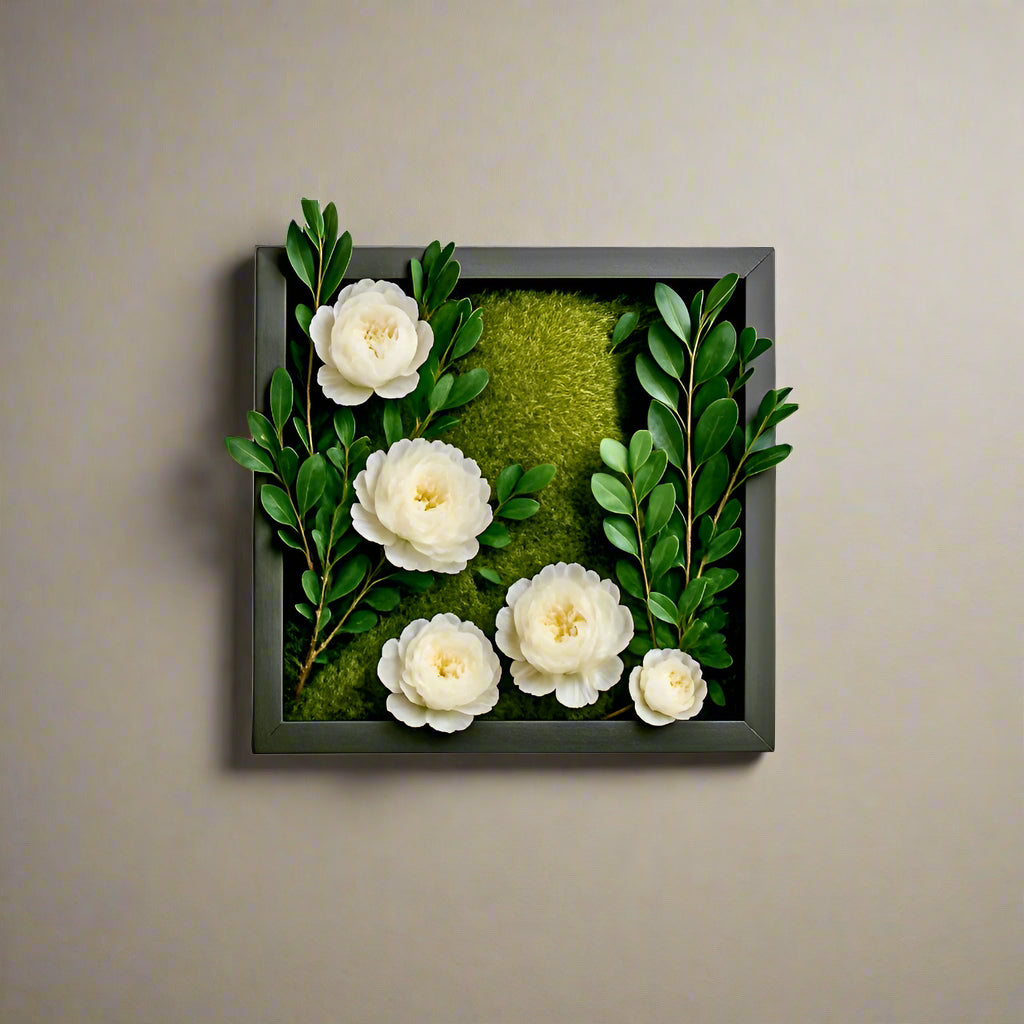 Peony Thicket moss wall frame with preserved white peonies and boxwoods, set in green mood moss inside a 12x12in hardwood frame.