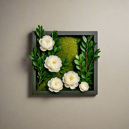 Peony Thicket moss wall frame with preserved white peonies and boxwoods, set in green mood moss inside a 12x12in hardwood frame.