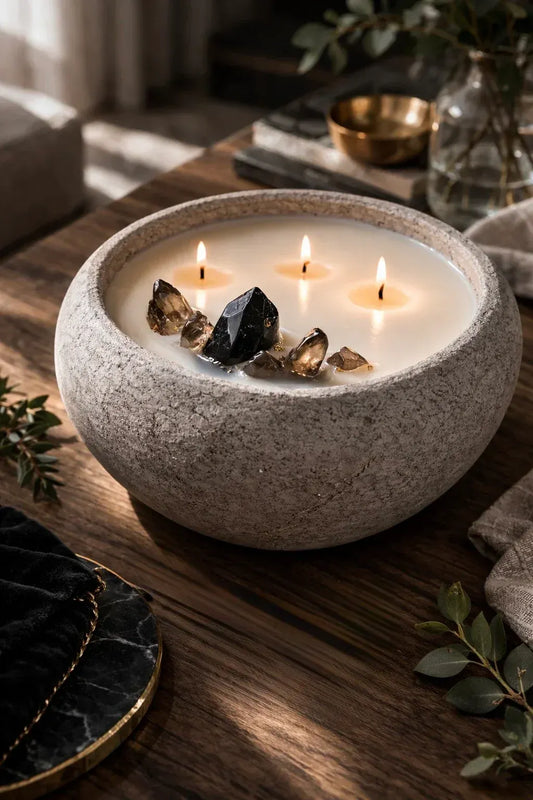 Petite size of the Noir + Oud candle styled on a moody coffee table with black obsidian and smoky quartz