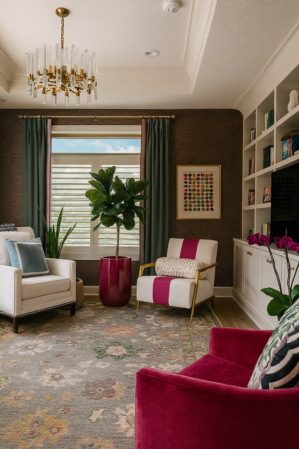 Living room with a chandelier, armchairs, a television, fiddle leaf fig tree, snake plant, oechids, and a semi custom fiberglass planter, residential plant care, indoor plant mainenance, interior plant design in Des Moines, Iowa, Trendy Gardener.