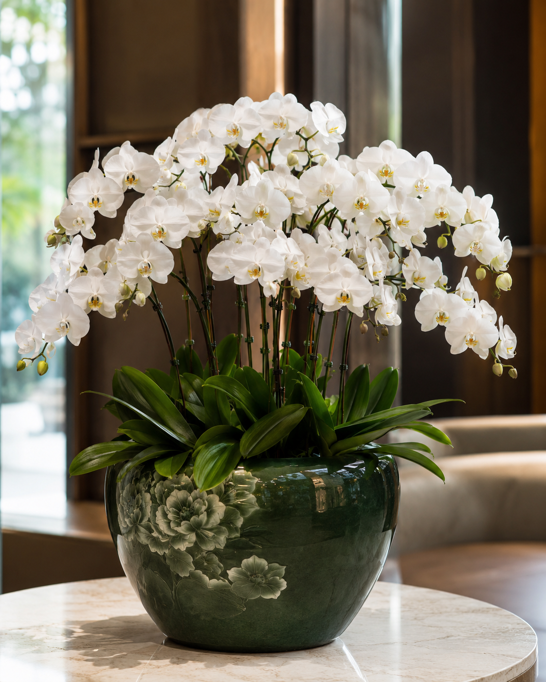 Elegant 8-stem *Phalaenopsis* orchid Waterfall display arranged in a premium vessel for luxury lobbies, executive offices, and upscale interiors.