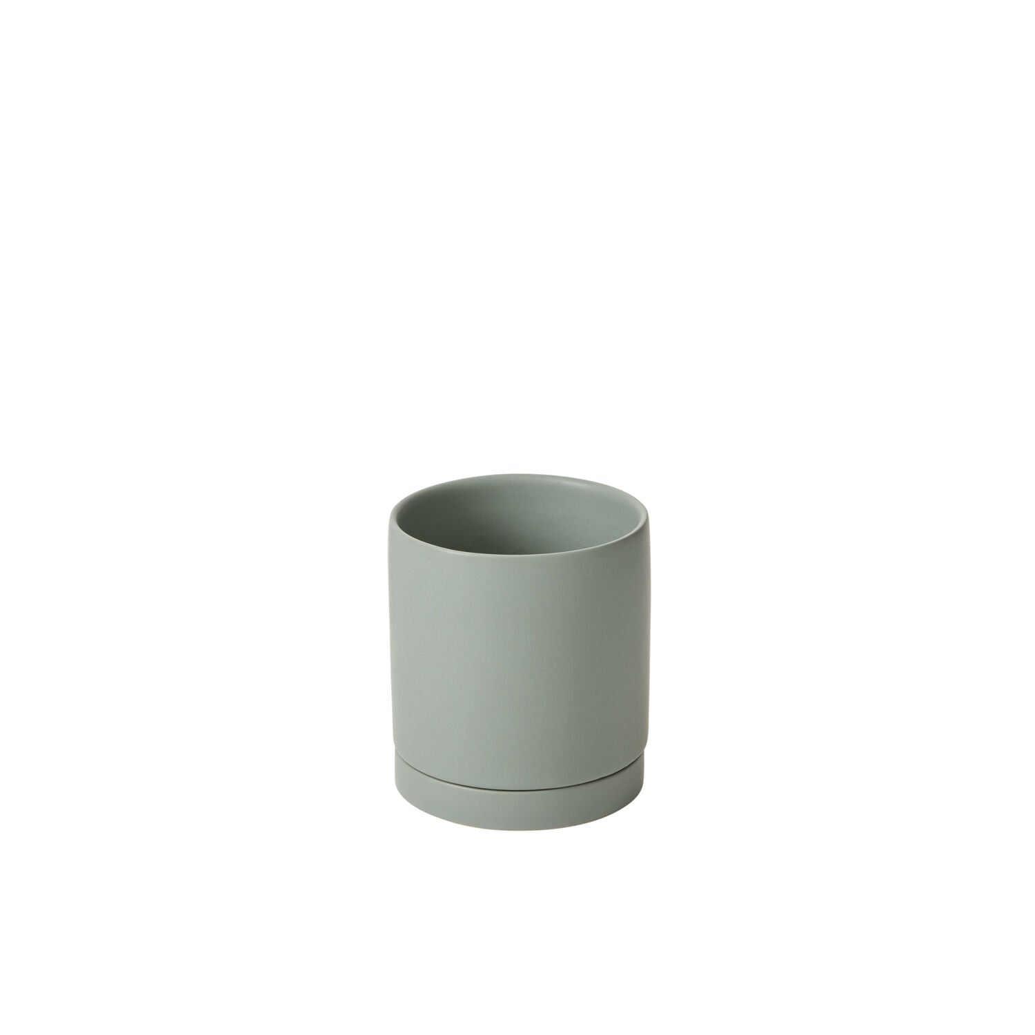 Small modern ceramic pot with saucer, size 4.25x4.75 inches in the color matte sage