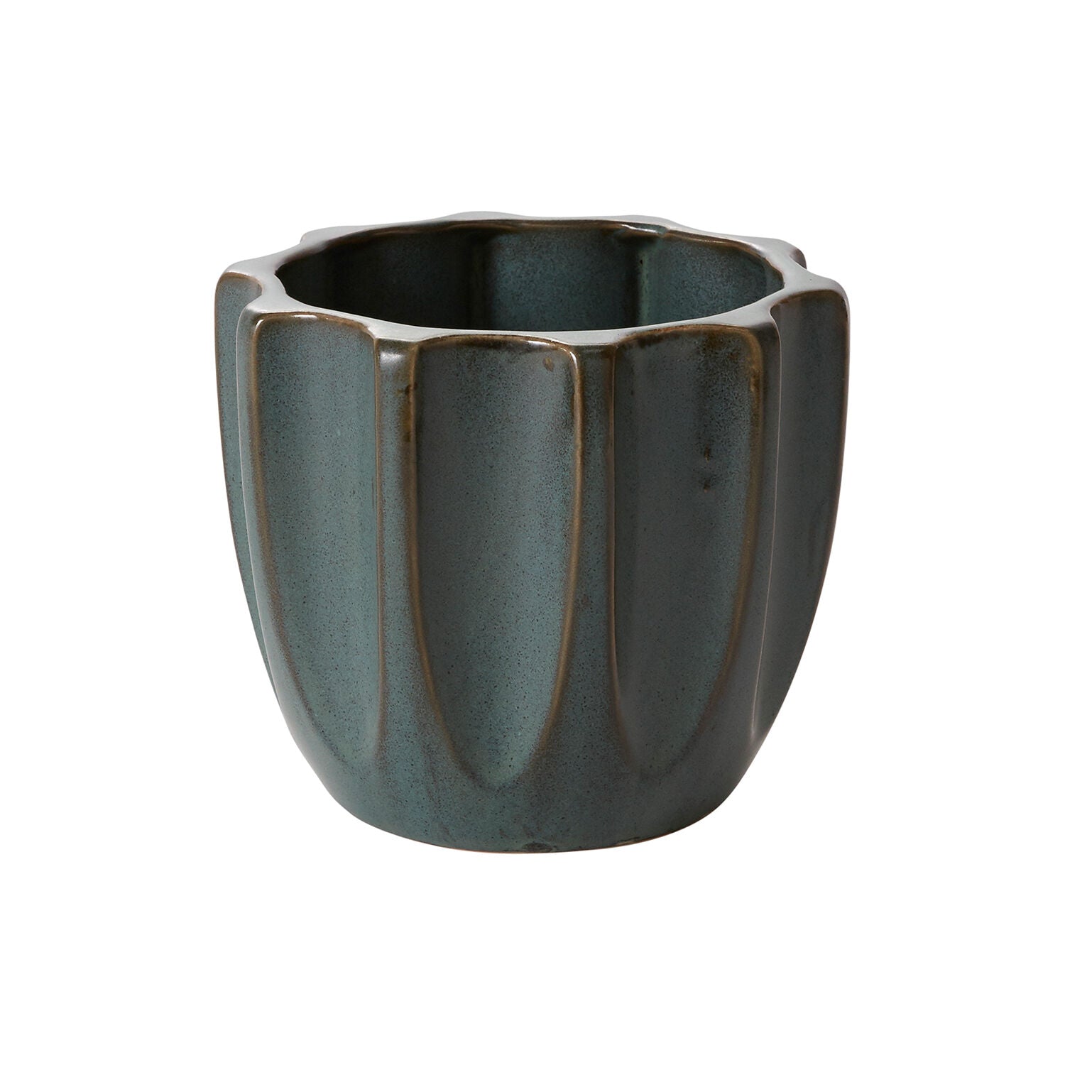 An elegant modern ribbed ceramic pot in green perfect for rare houseplants or small office plants. 