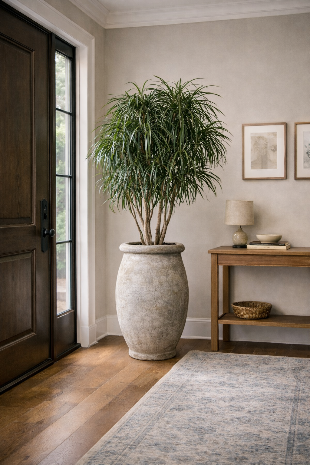 Large potted dracaena tarzan in a contemporary entry way with wooden floor, floral rug, and a photo gallery wall.