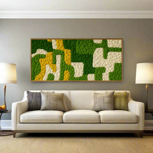 Rectangular preserved moss wall art featuring vibrant green, golden yellow, and ivory reindeer moss in an abstract pattern, framed in natural wood. Handmade zero-maintenance moss wall for wellness-focused homes and offices.