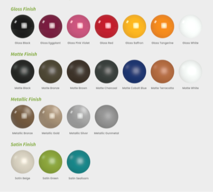 A vibrant array of 21 semi-custom fiberglass planter colors, ranging from matte neutrals like charcoal and terracotta to bold, glossy hues such as teal, saffron, and eggplant, showcasing options for versatile and stylish indoor and outdoor plantscaping.
