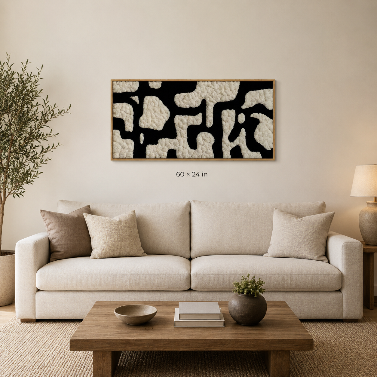 Preserved ivory and black moss wall art in a natural oak frame above a cream sofa, shown in 60 by 24 inch size.
