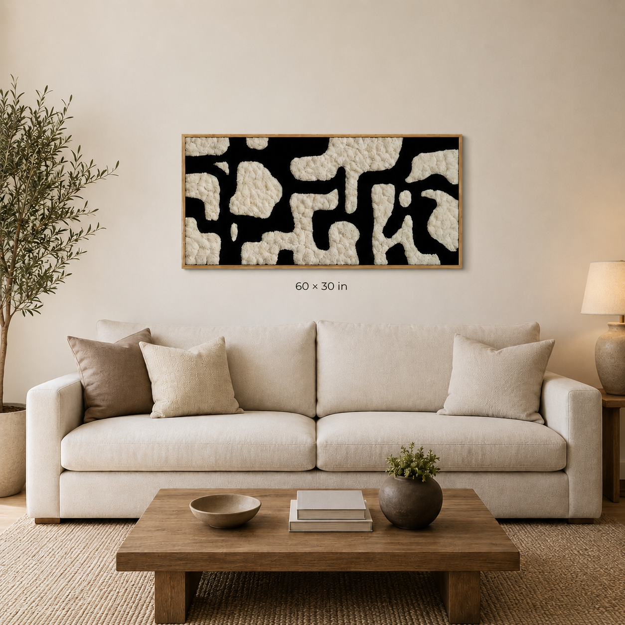 Preserved ivory and black moss wall art above a neutral living room sofa, shown in 60 by 30 inch size.