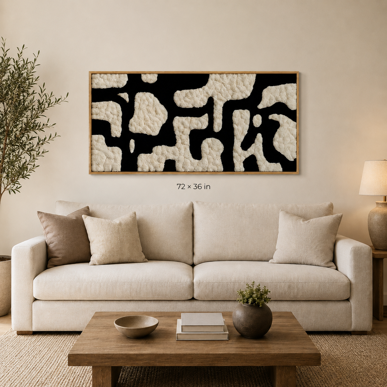 Large preserved ivory and black moss wall art in an oak frame above a cream sofa, shown in 72 by 36 inch size.