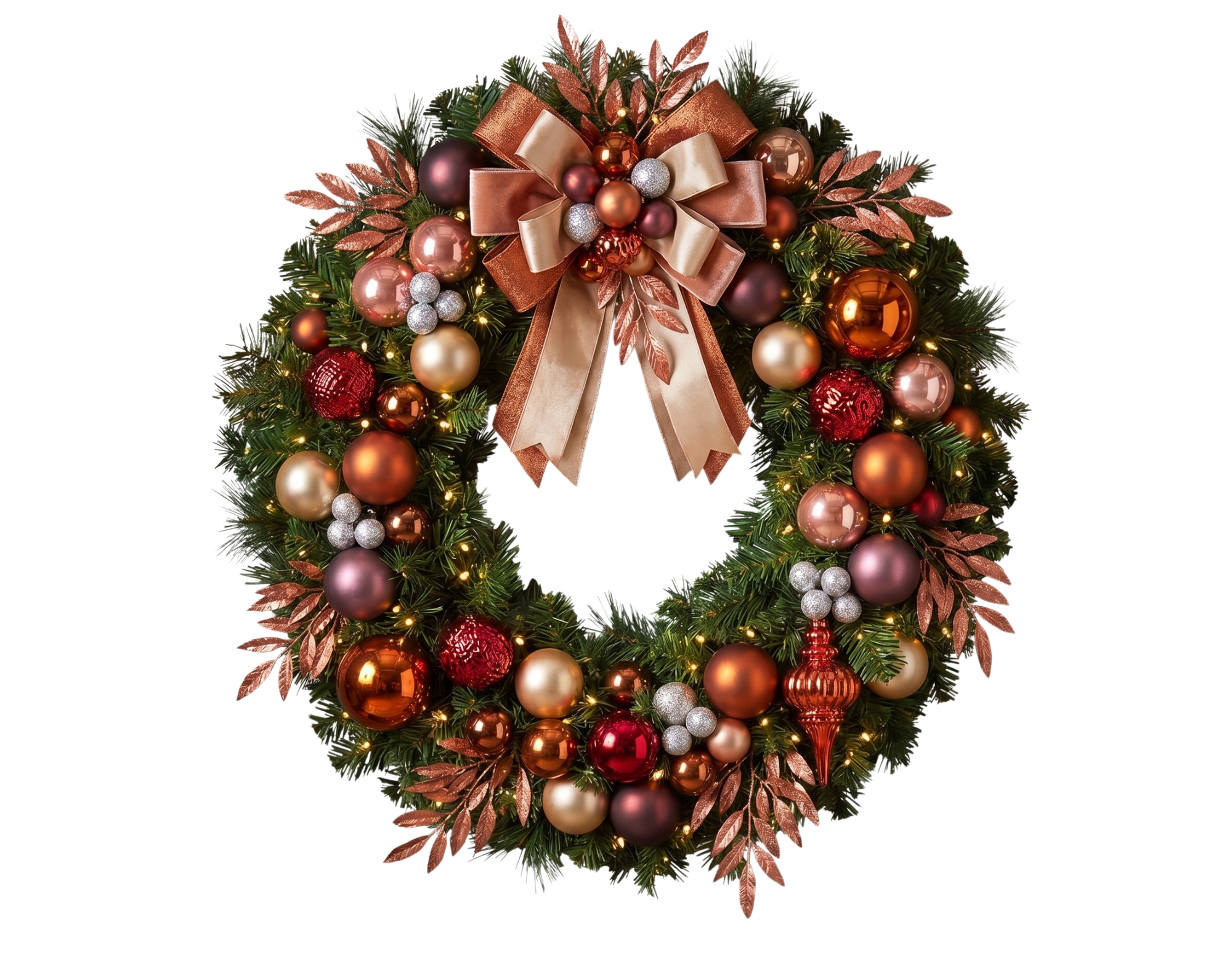 Bronze-toned commercial holiday tree and wreath decor with warm metallic accents and neutral palette for refined seasonal styling