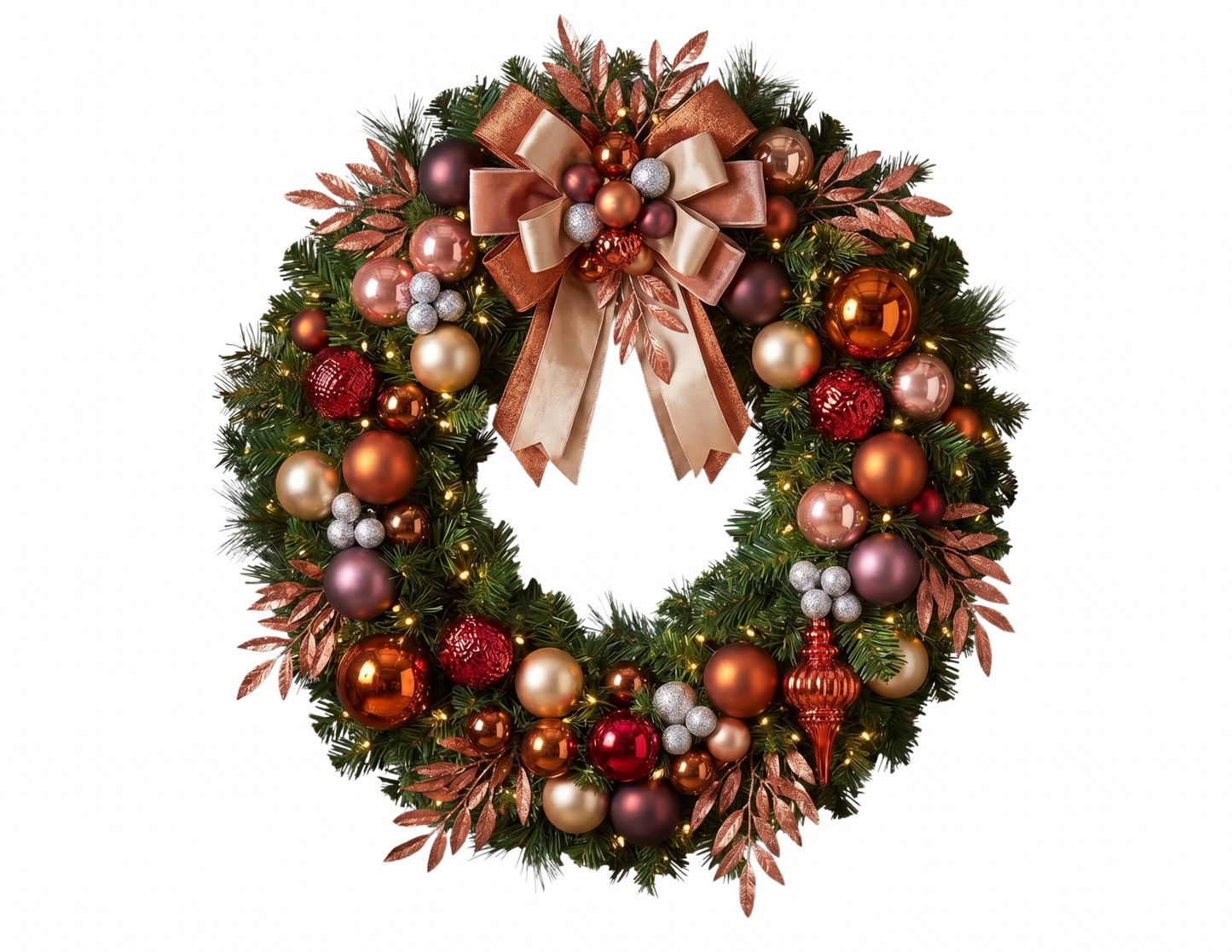 Bronze-toned commercial holiday tree and wreath decor with warm metallic accents and neutral palette for refined seasonal styling