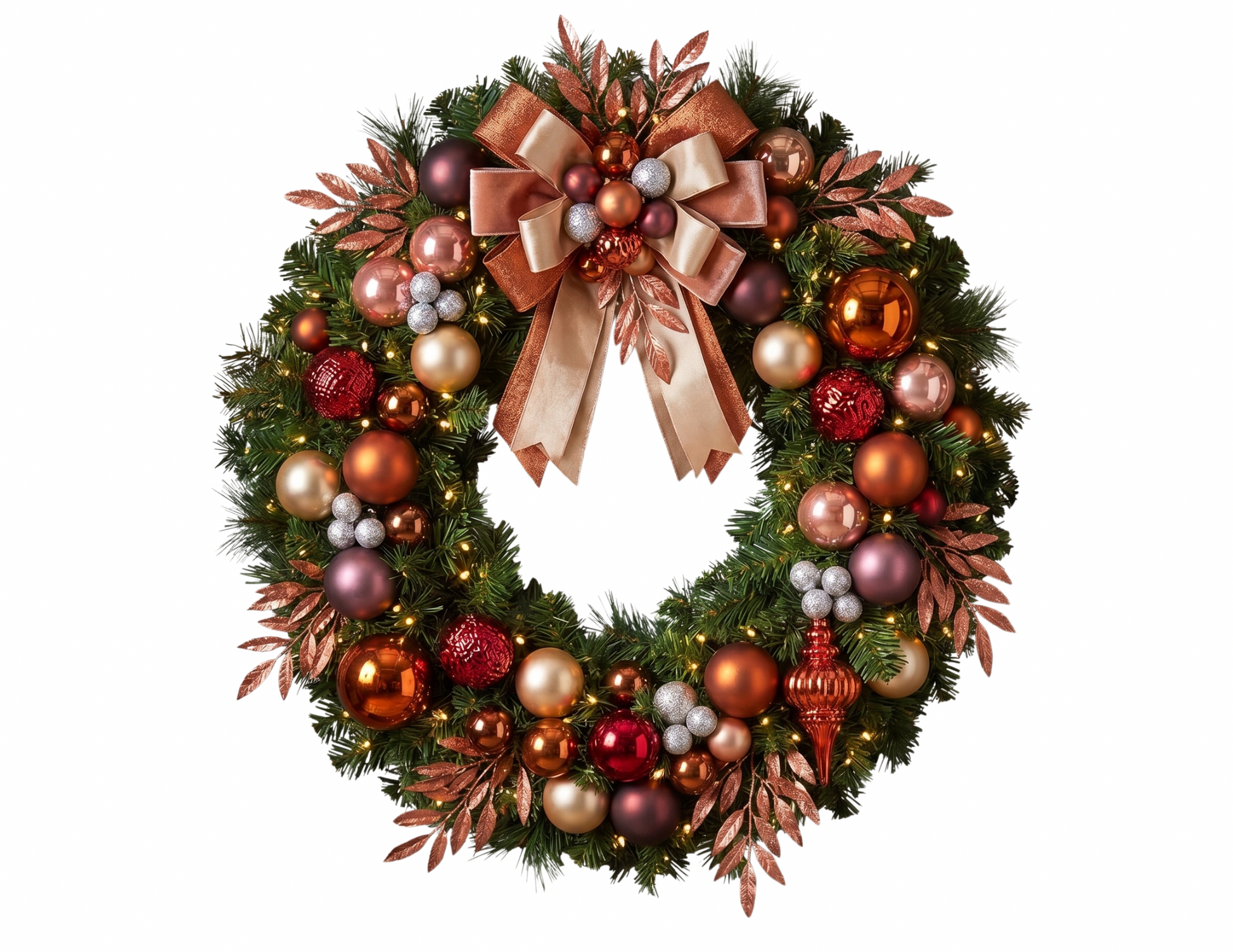 Bronze-toned commercial holiday tree and wreath decor with warm metallic accents and neutral palette for refined seasonal styling