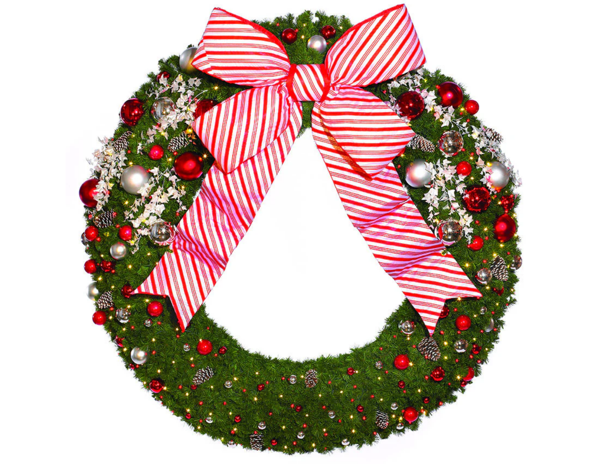 Candy cane themed commercial Christmas tree and wreath decor with red and white stripes designed for playful, high-visibility business displays