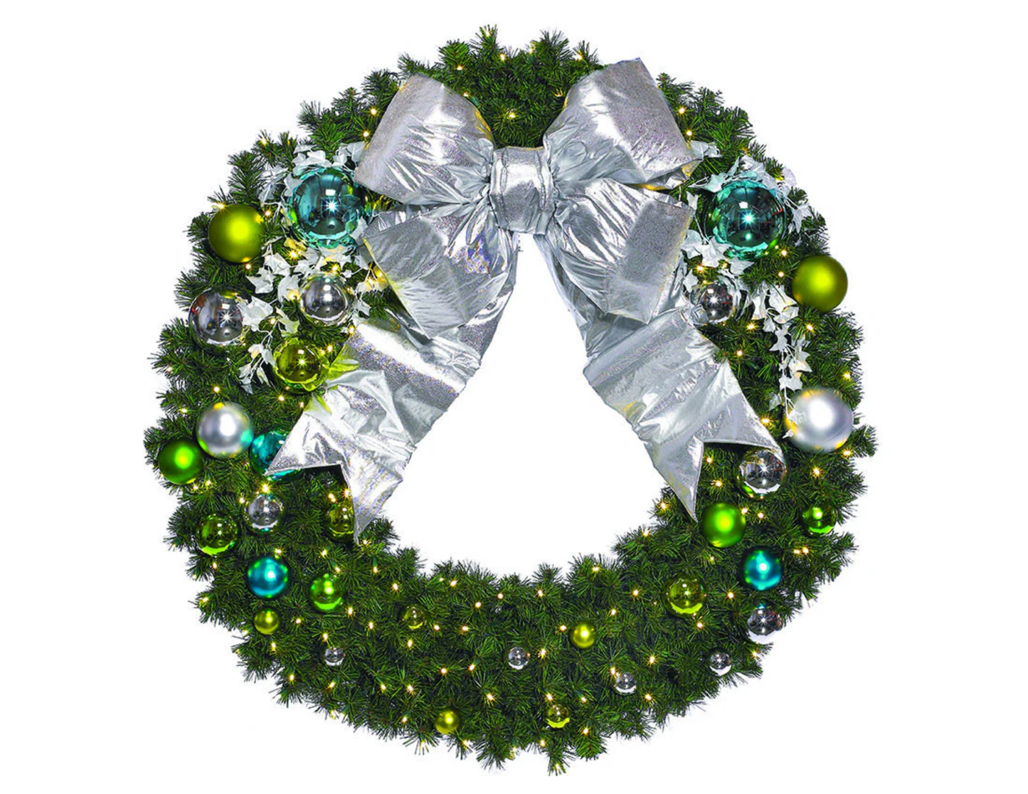 Coastal-inspired commercial Christmas tree and wreath decor with soft blues, silvers, and natural textures for modern interiors