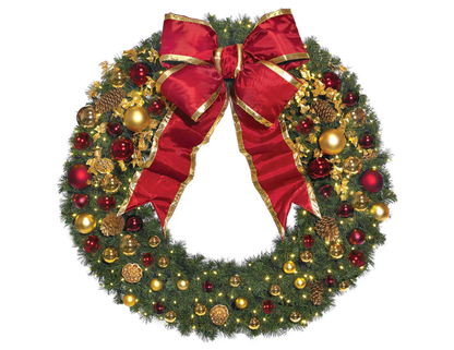 Festive commercial holiday tree and wreath decor with vibrant colors and layered ornaments designed for high-traffic business environments
