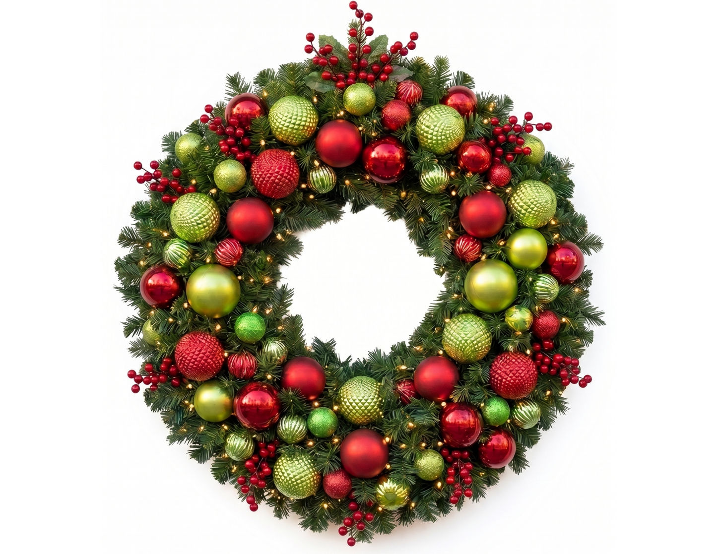 Holly-themed commercial Christmas tree and wreath decor with red berries, lush greenery, and classic holiday detailing for welcoming environments