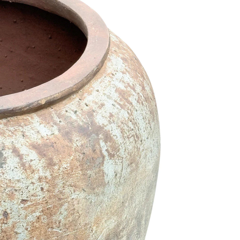 Large round terracotta planter styled outdoors on a patio or courtyard