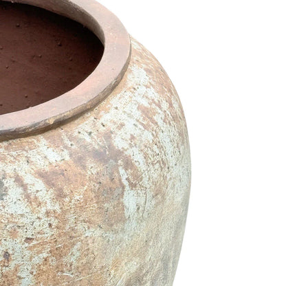 Large round terracotta planter styled outdoors on a patio or courtyard