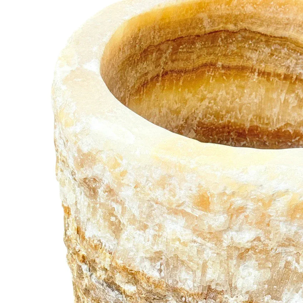 Close-up of the organic textured exterior on a handcrafted onyx planter