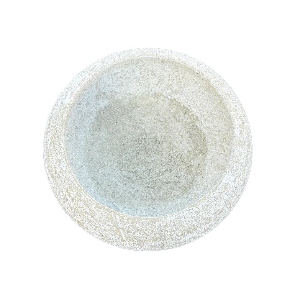 Oval pedestal planter in a soft white textured finish with a wide open top, curved body, and substantial flared base.