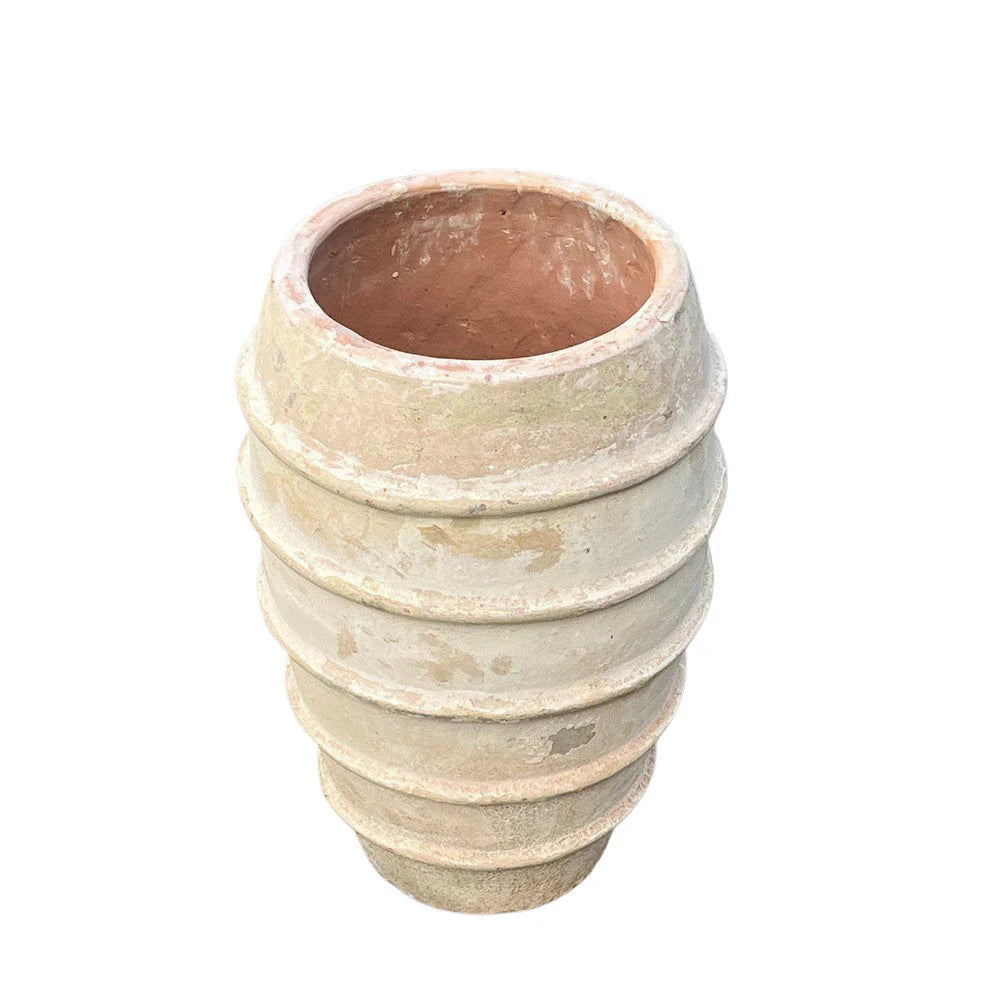 Vietnamese ribbed terracotta planter styled as a statement vessel indoors