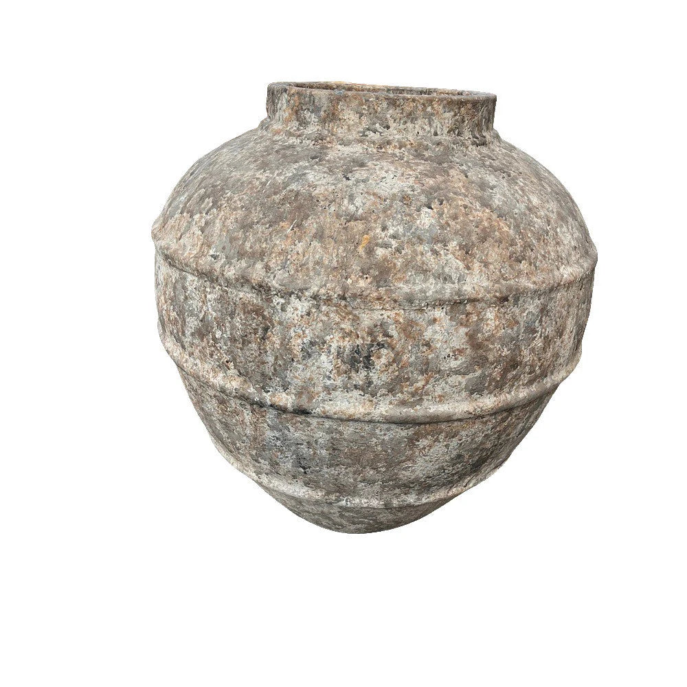 Front view of handcrafted Indonesian round terracotta planter, 22.5 inches wide and 24.5 inches high.