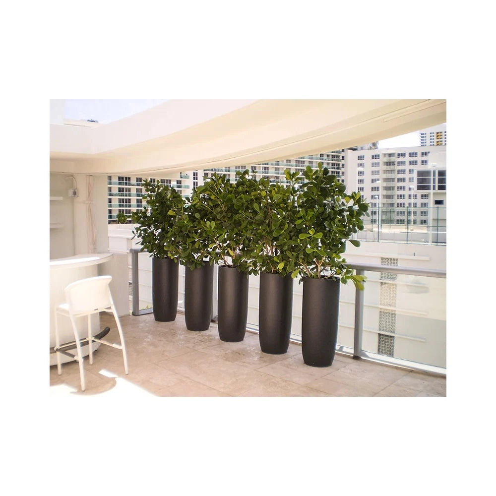 The Saint Tropez tall round vase fiberglass planter, featuring a sleek, tapered design in a durable finish, ideal for creating elegant indoor and outdoor plantscaping displays in residential and commercial spaces