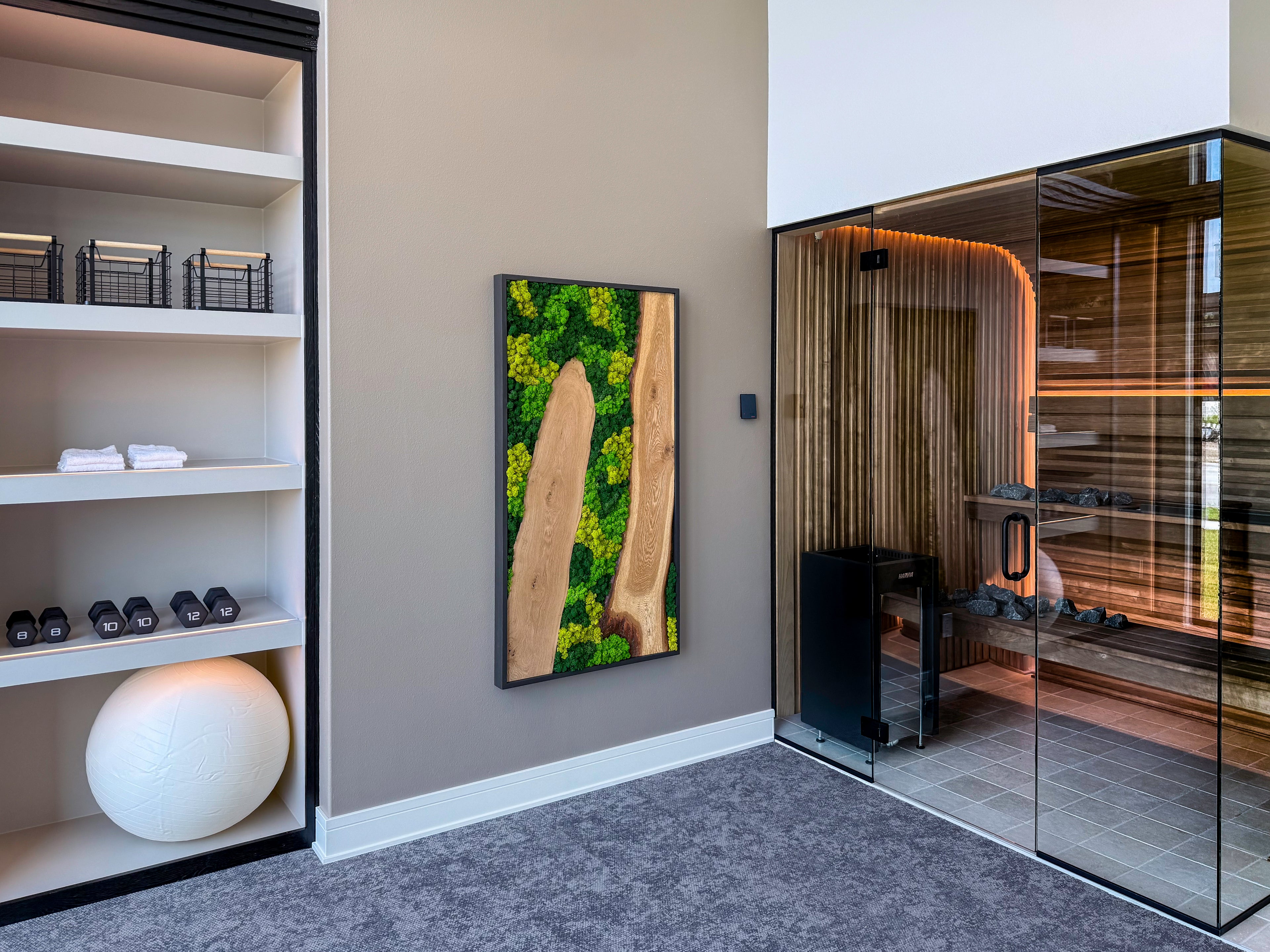 Modern spa room with glass sauna and a framed preserved moss wall art panel featuring natural wood slabs and bright green moss.