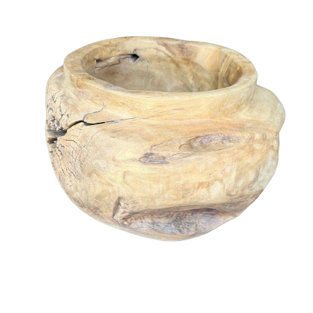 Close-up detail of handmade Indonesian teak wood planter, highlighting unique texture and craftsmanship.
