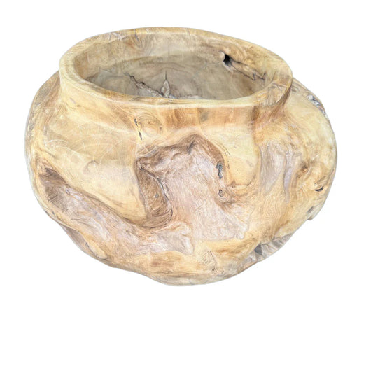 Front view of handcrafted teak wood planter from Indonesia, 21 inches wide, 20 inches deep, 14.5 inches high.
