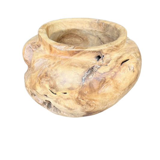 Side profile of Indonesian teak planter, artisan-crafted with natural wood grain, 21"W x 20"D x 14.5"H.