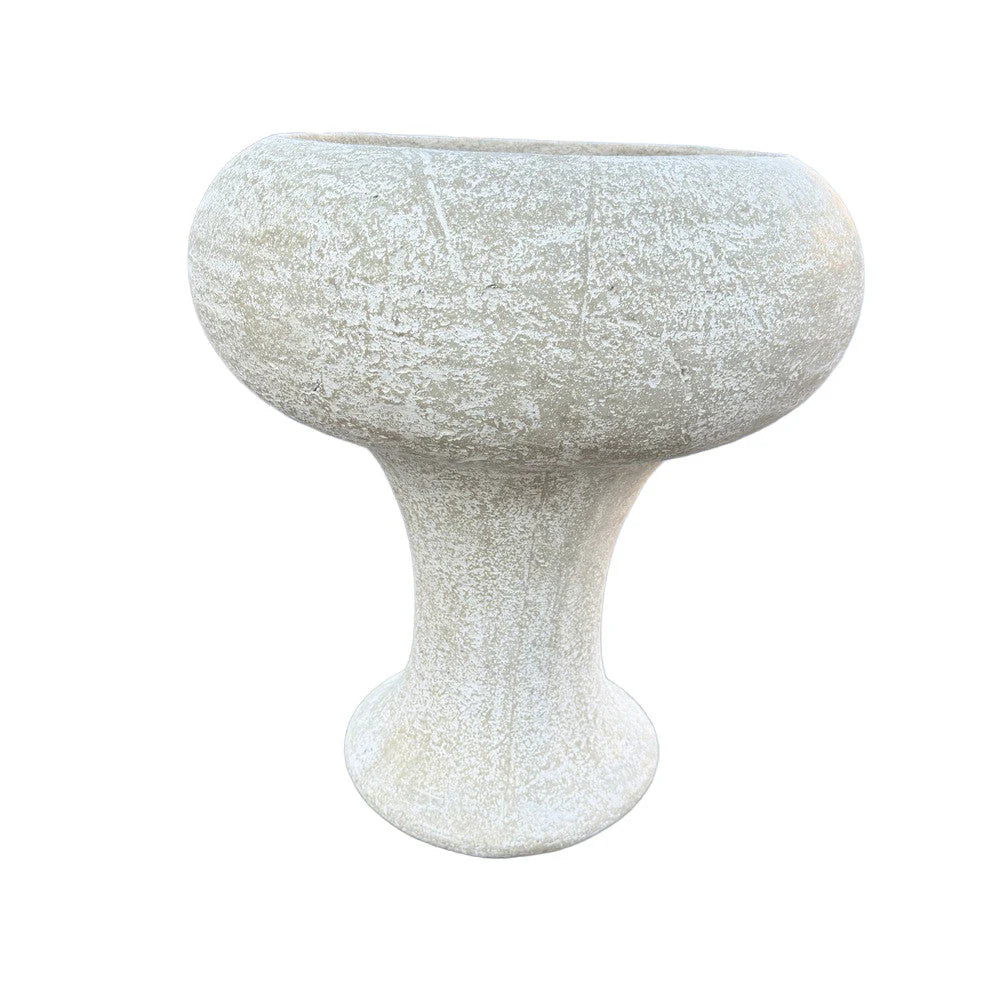 Textured white pedestal bowl planter with a wide rounded top, narrow center stem, and weathered concrete finish.