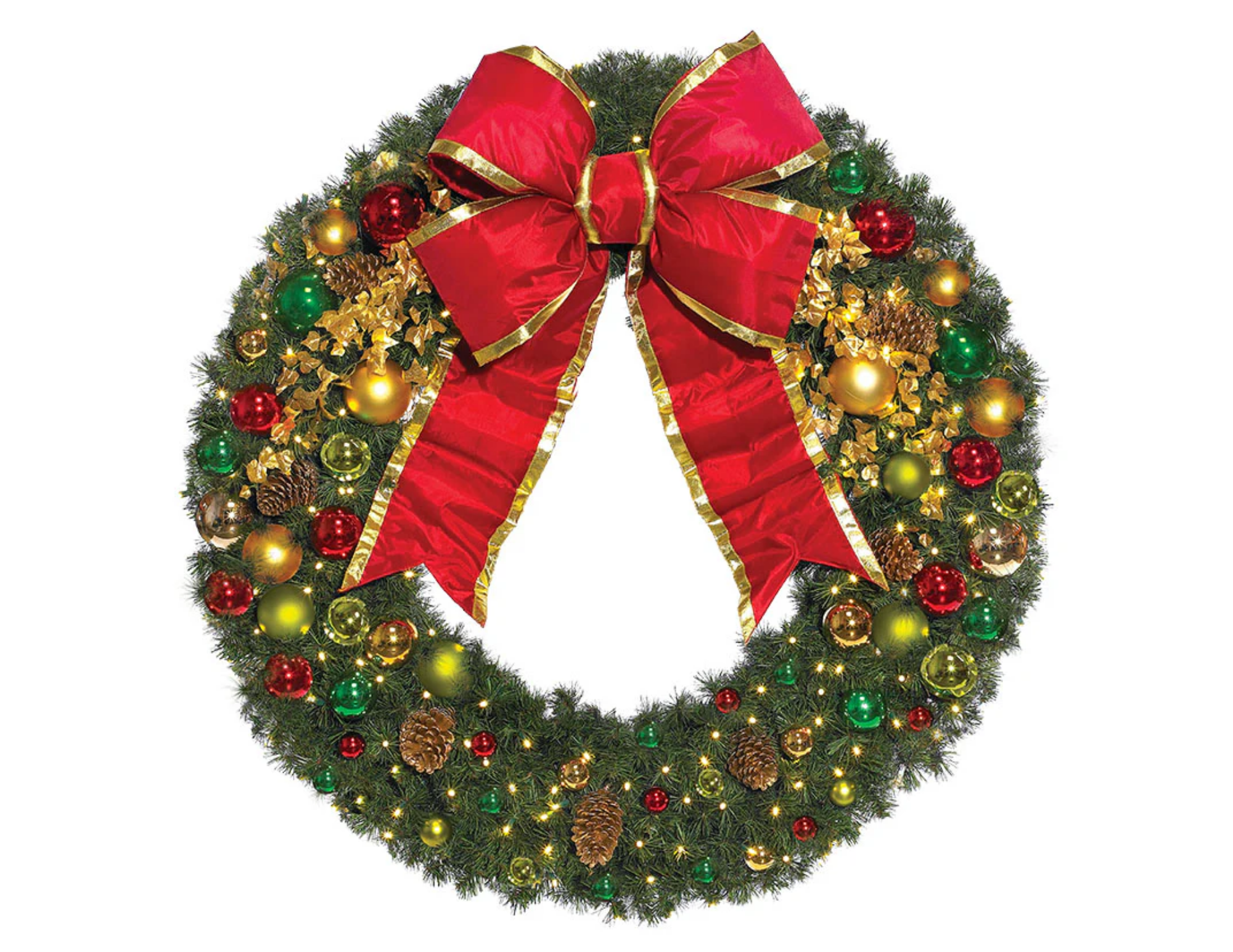 Traditional commercial Christmas tree and wreath decor with classic red, gold, and evergreen styling for offices and business spaces in Des Moines.