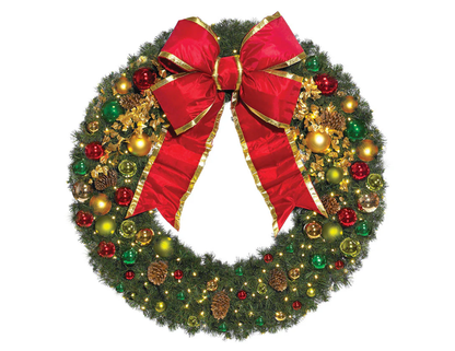 Traditional commercial Christmas tree and wreath decor with classic red, gold, and evergreen styling for offices and business spaces in Des Moines.
