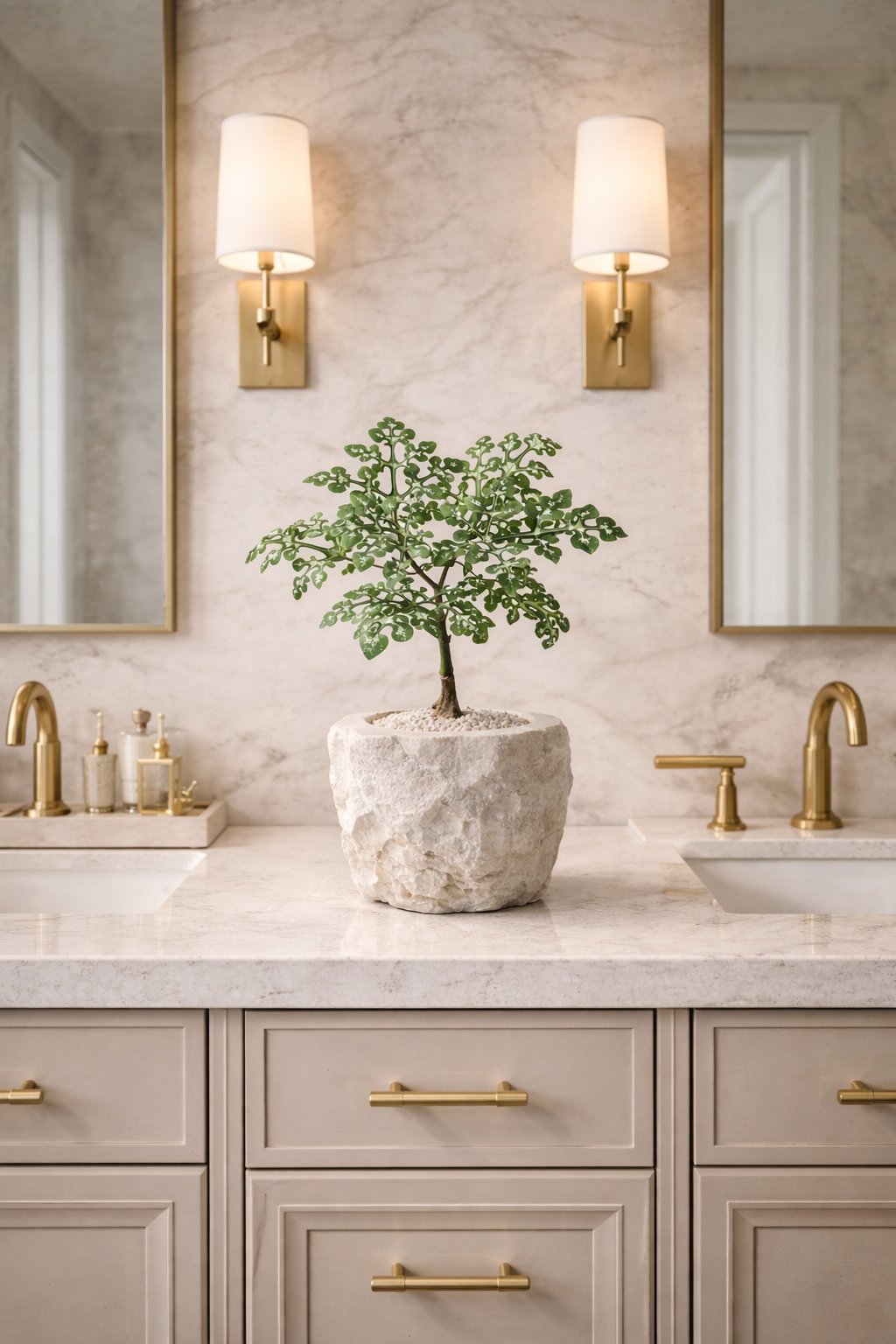 Indoor plant in a white stone planter styled on a marble bathroom vanity with brass fixtures.