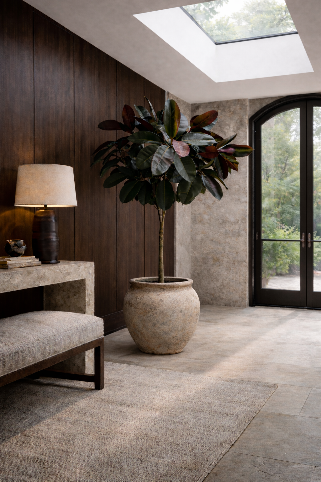Rubber tree standard in a large terracotta planter in a modern entry with dark wood paneling and skylight.