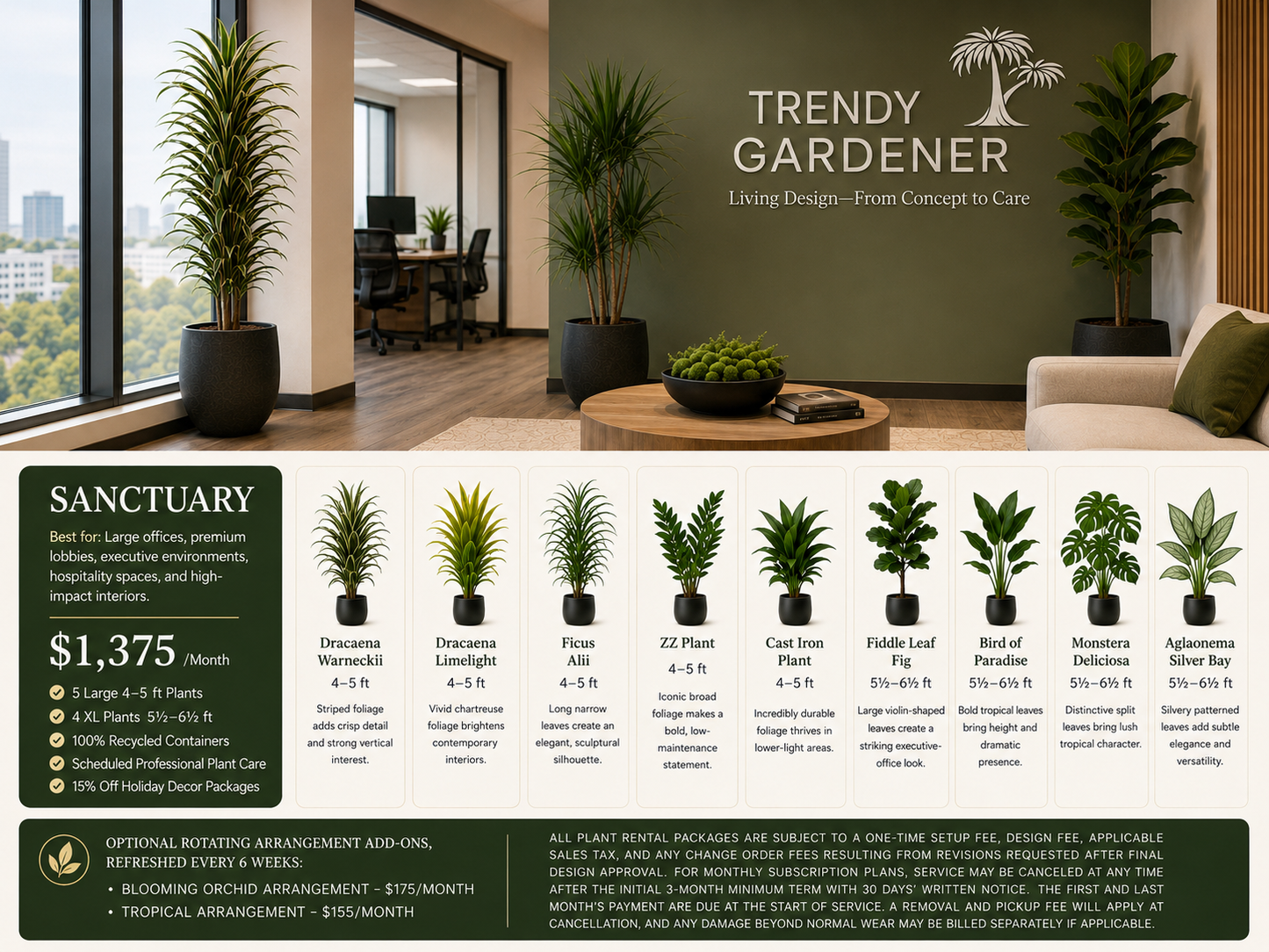 Trendy Gardener Sanctuary premium office plant rental package featuring large indoor plants, recycled containers, scheduled professional plant care, and biophilic design for executive offices, lobbies, and commercial interiors in Des Moines.