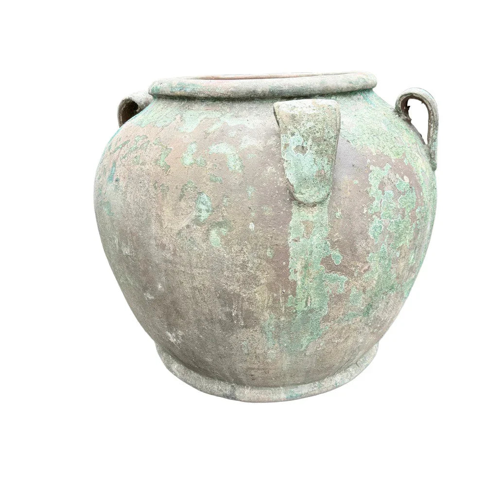 Vietnamese 4-handle round terracotta planter with handcrafted outdoor character